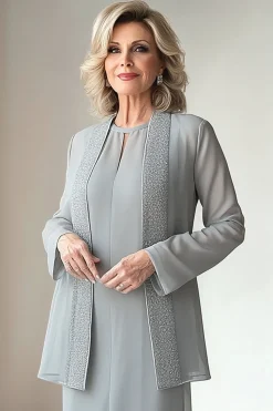Bainha cinza claro pescoço redondo 2 peças mãe do vestido da noiva