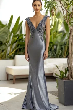 Bainha cinza escuro fora do ombro metalizado cetim Fommal vestido