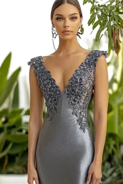 Bainha cinza escuro fora do ombro metalizado cetim Fommal vestido