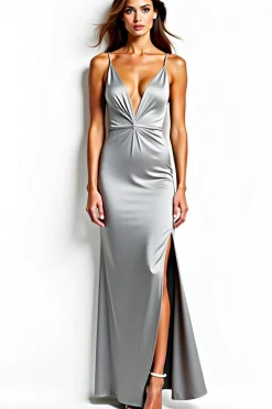 Bainha Cinzento Espaguete Correias Stretch Satin Long Formal Dress com Fenda