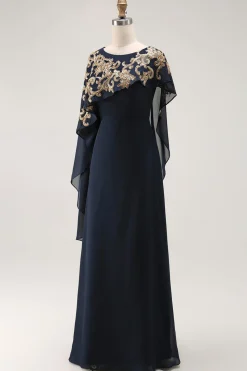 Bainha da Marinha Appliqued Mãe Do Vestido Da Noiva Com Xale