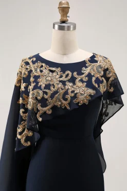 Bainha da Marinha Appliqued Mãe Do Vestido Da Noiva Com Xale