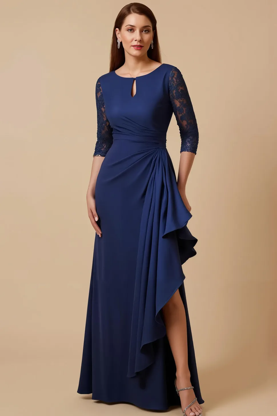 Bainha da Marinha Chiffon Ruchled Ruched Long Vestido da Noiva com Mangas