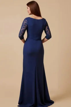 Bainha da Marinha Chiffon Ruchled Ruched Long Vestido da Noiva com Mangas