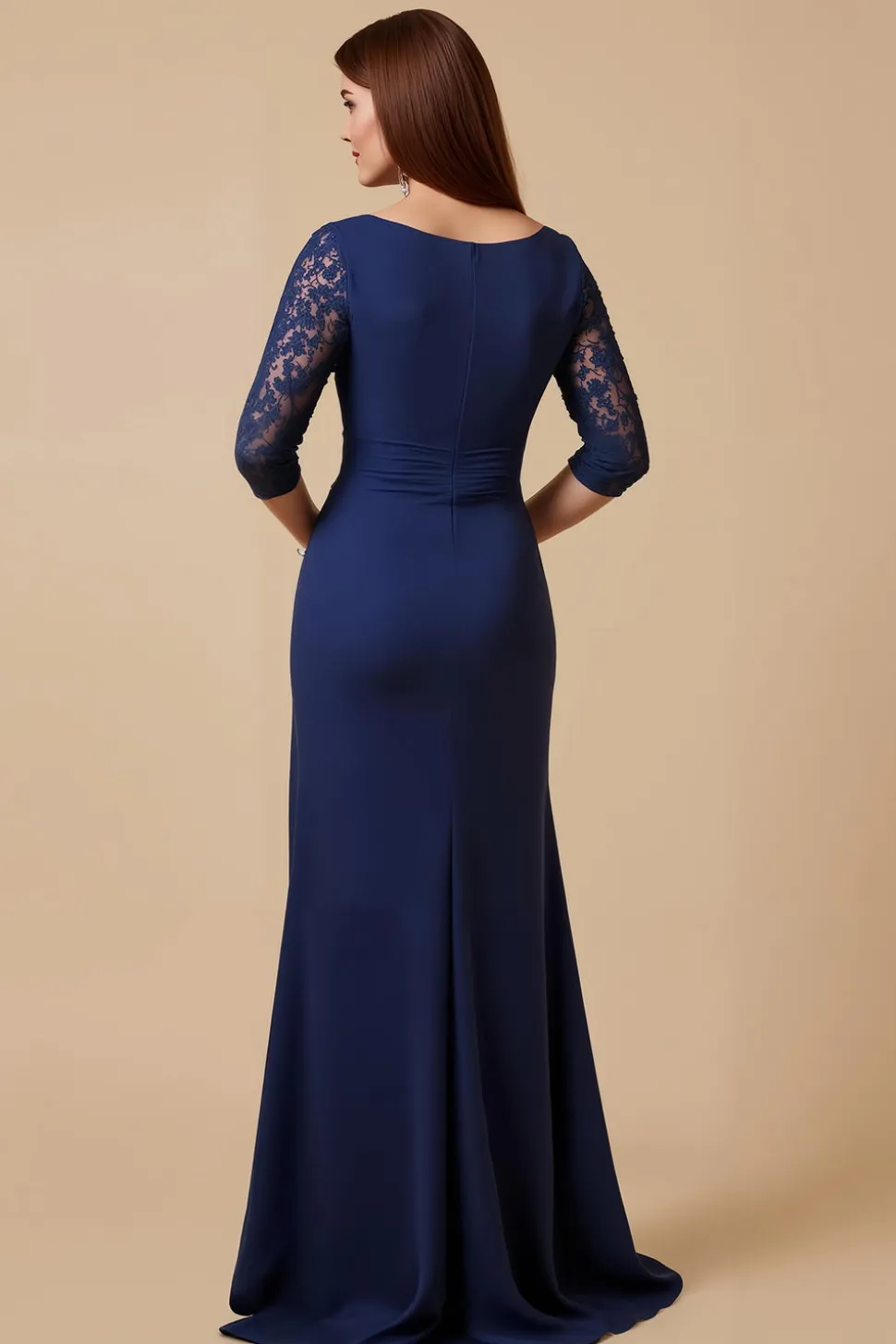 Bainha da Marinha Chiffon Ruchled Ruched Long Vestido da Noiva com Mangas