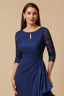Bainha da Marinha Chiffon Ruchled Ruched Long Vestido da Noiva com Mangas