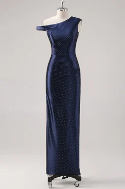 Bainha da Marinha Um Ombro Frisado Vestido Formal
