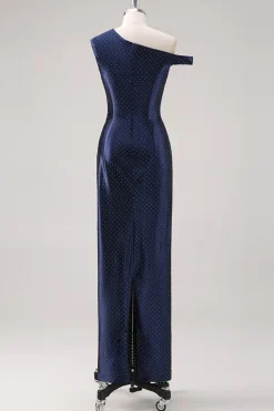 Bainha da Marinha Um Ombro Frisado Vestido Formal