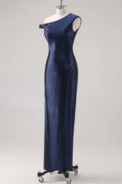 Bainha da Marinha Um Ombro Frisado Vestido Formal