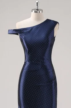 Bainha da Marinha Um Ombro Frisado Vestido Formal