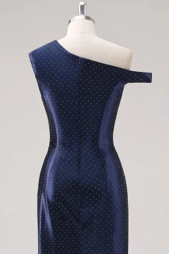 Bainha da Marinha Um Ombro Frisado Vestido Formal