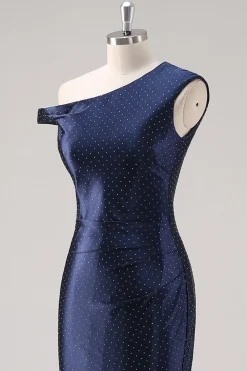 Bainha da Marinha Um Ombro Frisado Vestido Formal