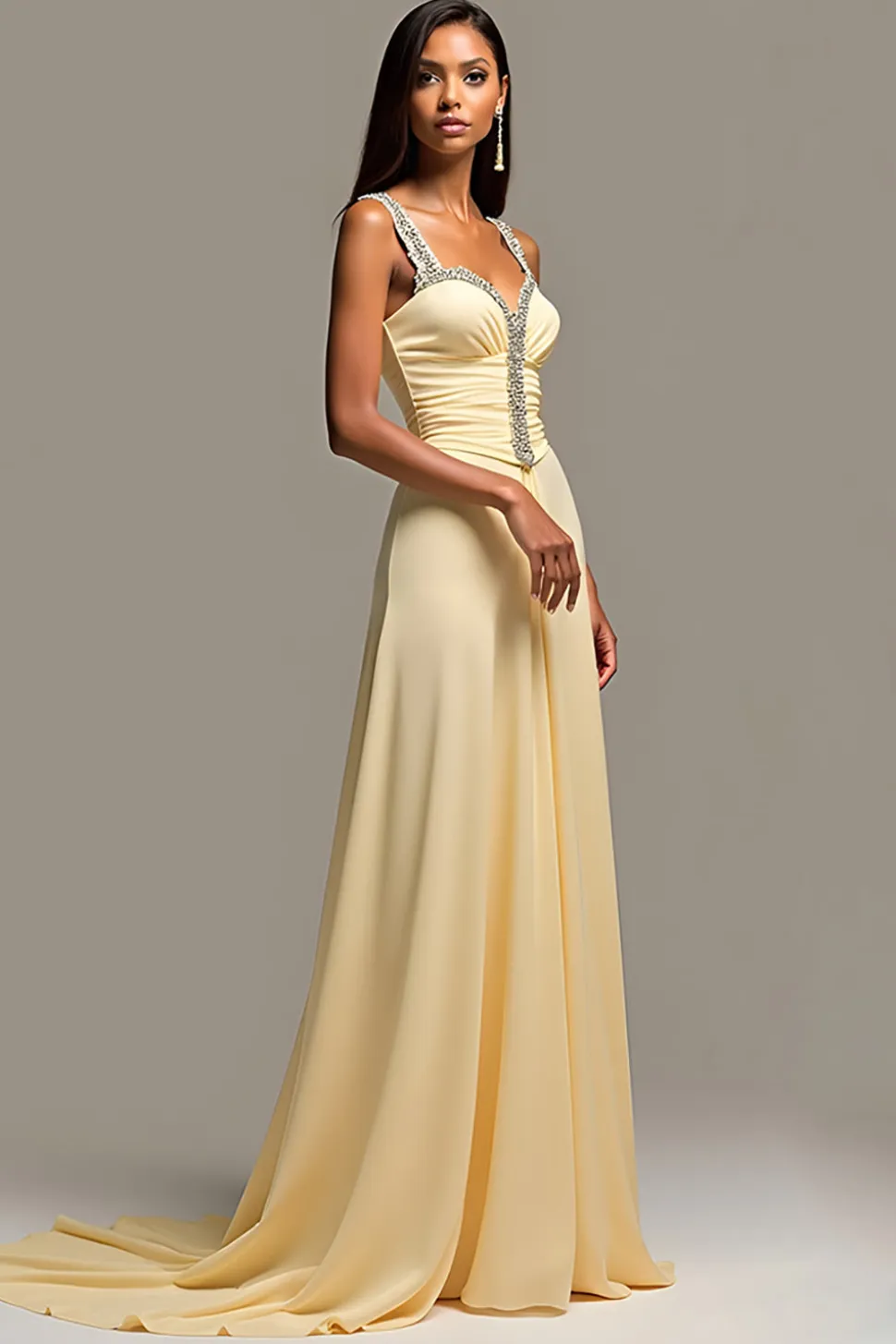 Bainha Daffodil Esparguete Correias Ruched Long Prom Dress