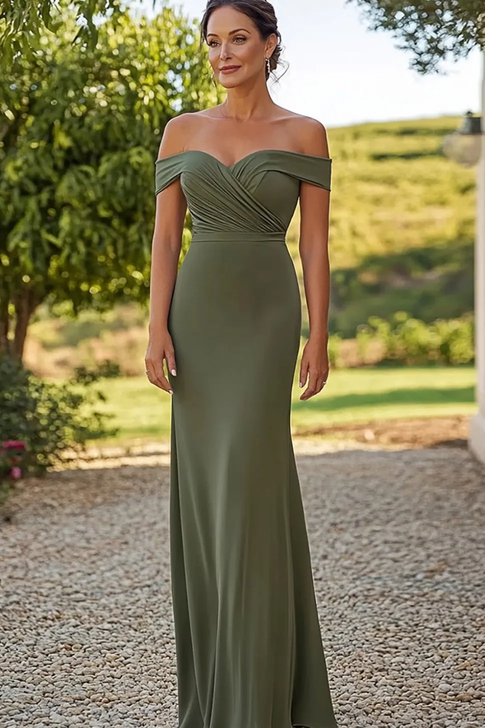 Bainha de azeitona de cetim mate fora do ombro da mãe do vestido de noiva com cinto