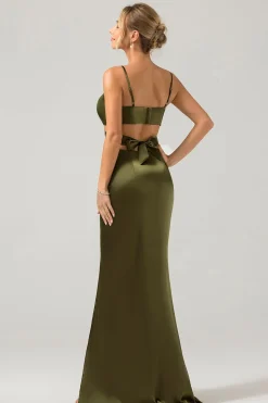 Bainha de azeitona Esparguete Correias Corte Longo Vestido de Dama de Honra com Fenda