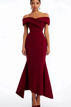 Bainha de Borgonha fora do ombro longo vestido formal
