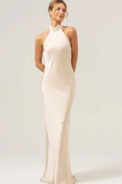 Bainha de champanhe Halter longo vestido de dama de honra com fenda