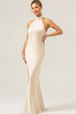 Bainha de champanhe Halter longo vestido de dama de honra com fenda