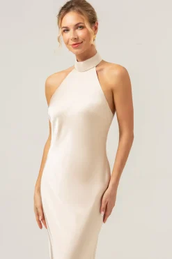 Bainha de champanhe Halter longo vestido de dama de honra com fenda