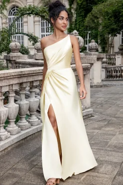 Bainha de champanhe um ombro longo vestido de dama de honra com fenda