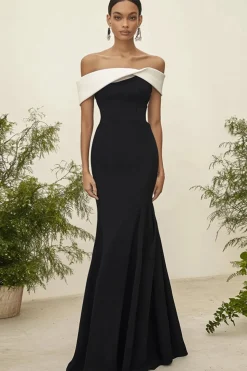 Bainha de contraste de cetim mate preto fora do vestido formal do ombro