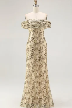Bainha de flor de champanhe fora do ombro vestido de casamento convidado