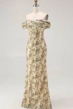 Bainha de flor de champanhe fora do ombro vestido de casamento convidado