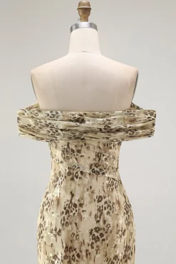 Bainha de flor de champanhe fora do ombro vestido de casamento convidado