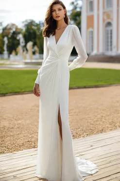 Bainha de marfim manga longa V-neck vestido de noiva com fenda
