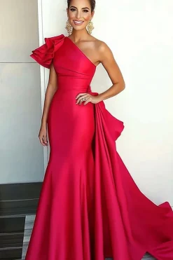Bainha de melancia Um ombro babado vestido de gala de cetim