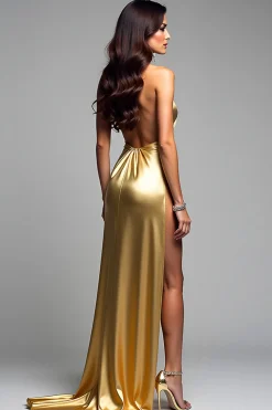 Bainha de Ouro Halter Long Prom Dress com Fenda