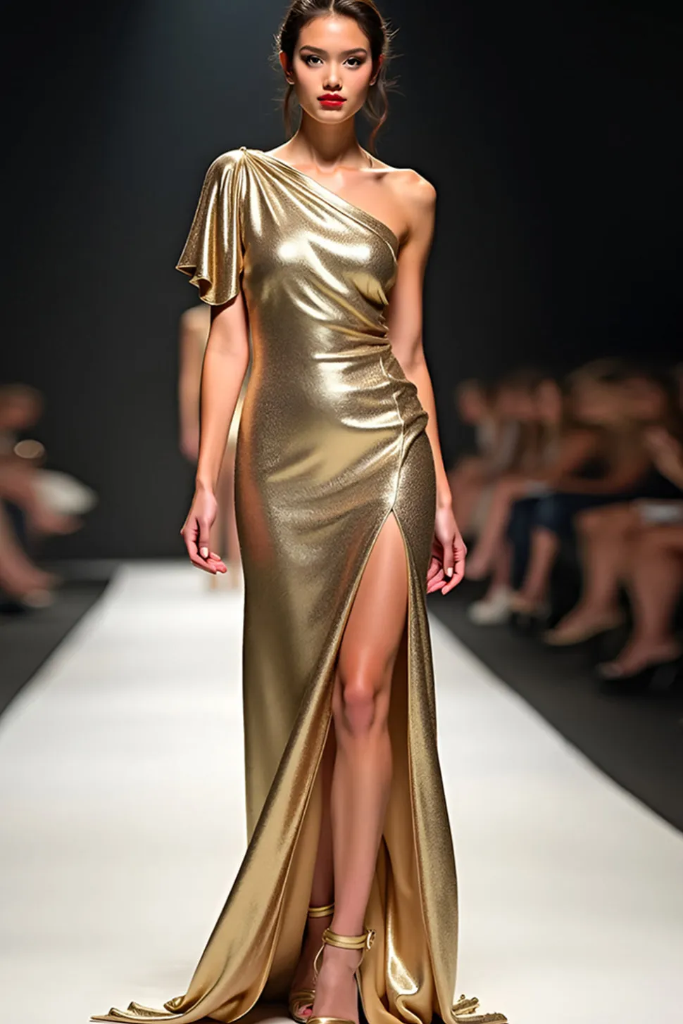 Bainha de Ouro Um Ombro Flutter Manga Vestido Gala com Fenda