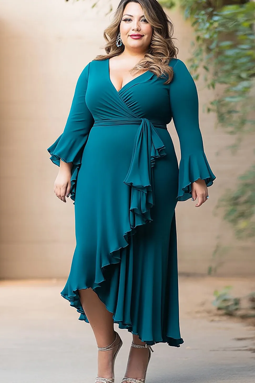 Bainha de Pavão V Pescoço Plus Size Chiffon Mãe do Vestido da Noiva Com Folhos