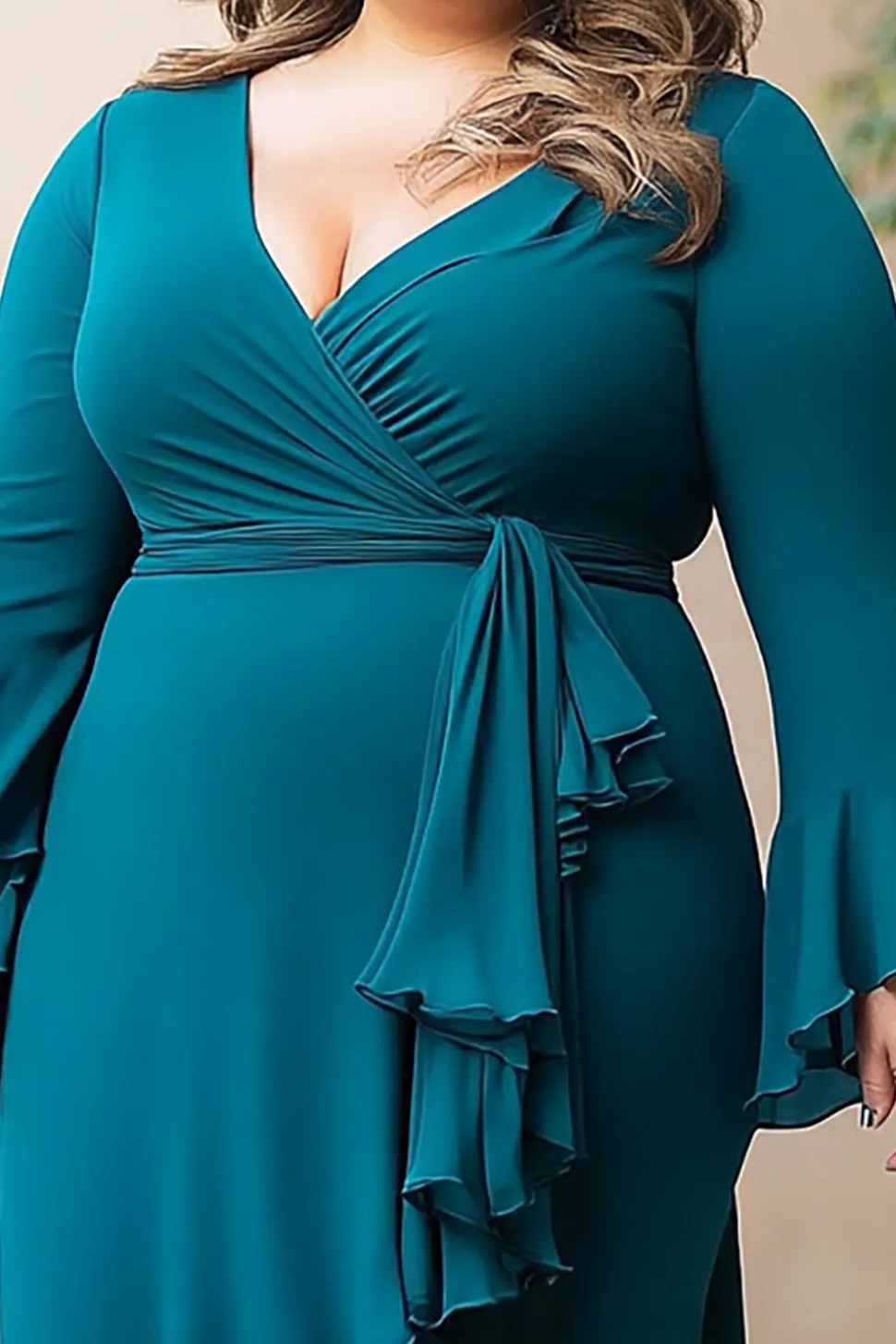Bainha de Pavão V Pescoço Plus Size Chiffon Mãe do Vestido da Noiva Com Folhos