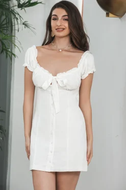 Bainha de peito único renda-up vestido branco pequeno com mangas puff
