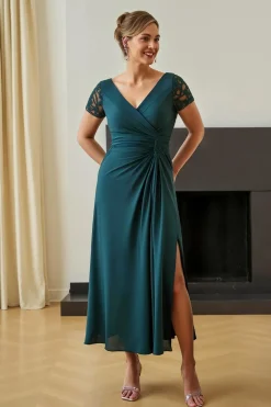Bainha de Pinheiro Ruched V-Neck Mãe do Vestido da Noiva com Fenda
