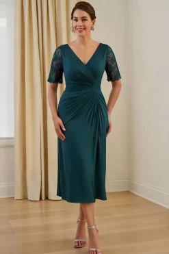 Bainha de pinho V pescoço Ruched Midi vestido de noiva com renda