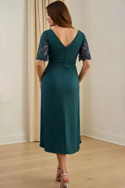 Bainha de pinho V pescoço Ruched Midi vestido de noiva com renda