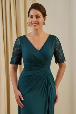 Bainha de pinho V pescoço Ruched Midi vestido de noiva com renda