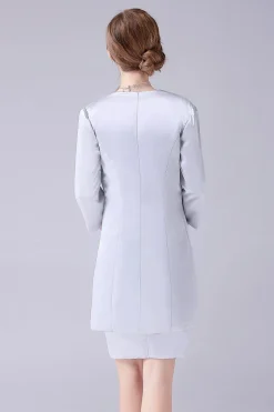 bainha de prata comprimento do joelho mãe do vestido da noiva com casaco