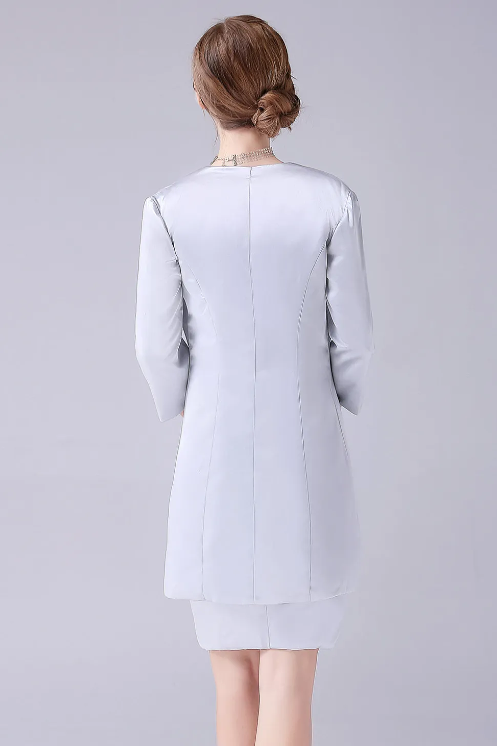bainha de prata comprimento do joelho mãe do vestido da noiva com casaco