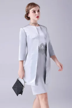bainha de prata comprimento do joelho mãe do vestido da noiva com casaco