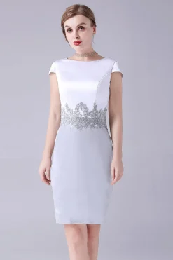 bainha de prata comprimento do joelho mãe do vestido da noiva com casaco