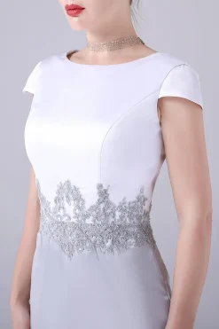 bainha de prata comprimento do joelho mãe do vestido da noiva com casaco