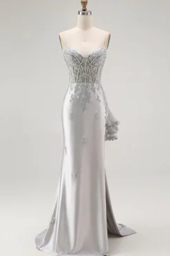 Bainha de Prata Esparguete Correias Corespartilho Longo Vestido de Baile com Apliques