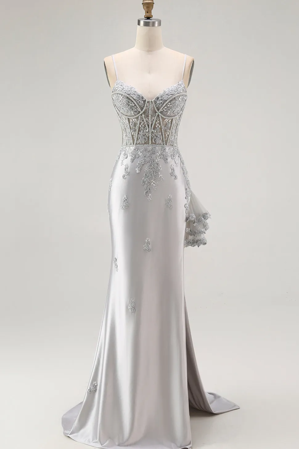 Bainha de Prata Esparguete Correias Corespartilho Longo Vestido de Baile com Apliques