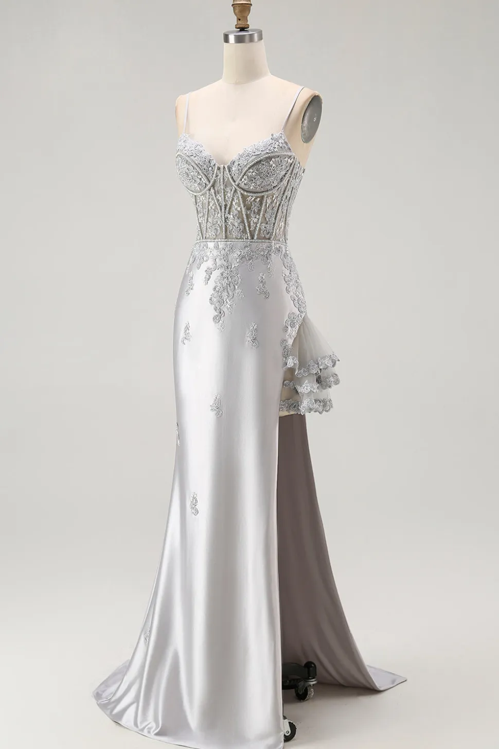 Bainha de Prata Esparguete Correias Corespartilho Longo Vestido de Baile com Apliques