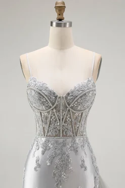 Bainha de Prata Esparguete Correias Corespartilho Longo Vestido de Baile com Apliques