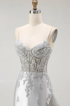 Bainha de Prata Esparguete Correias Corespartilho Longo Vestido de Baile com Apliques