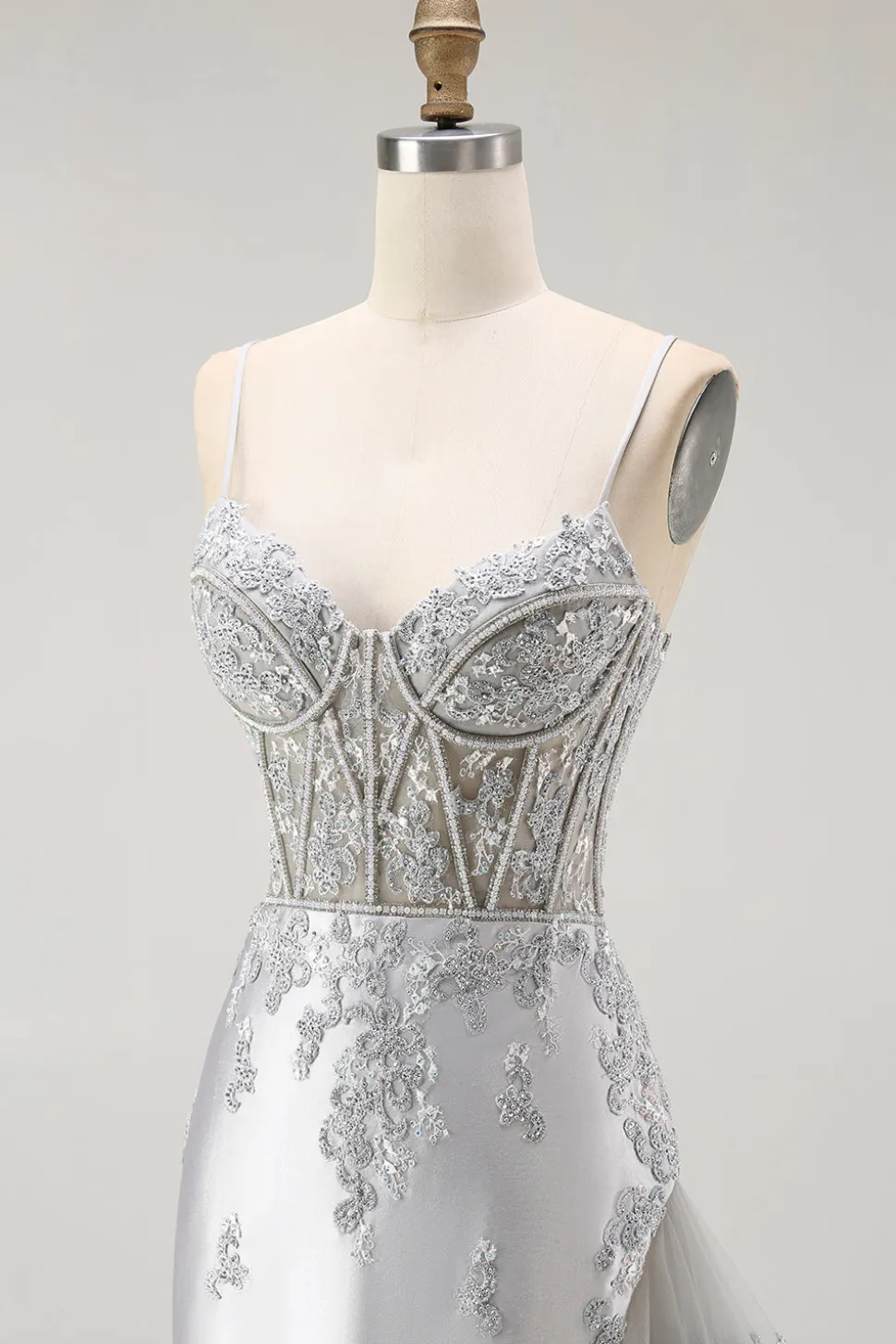Bainha de Prata Esparguete Correias Corespartilho Longo Vestido de Baile com Apliques